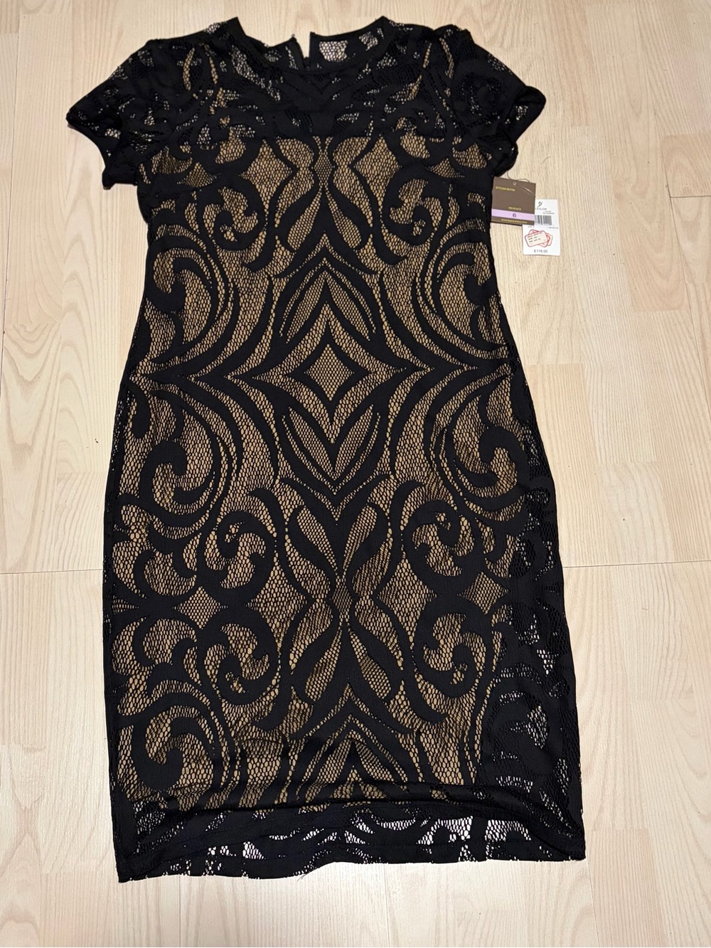 Taylor Dresses Black Lace Midi Dress with Nude Lining